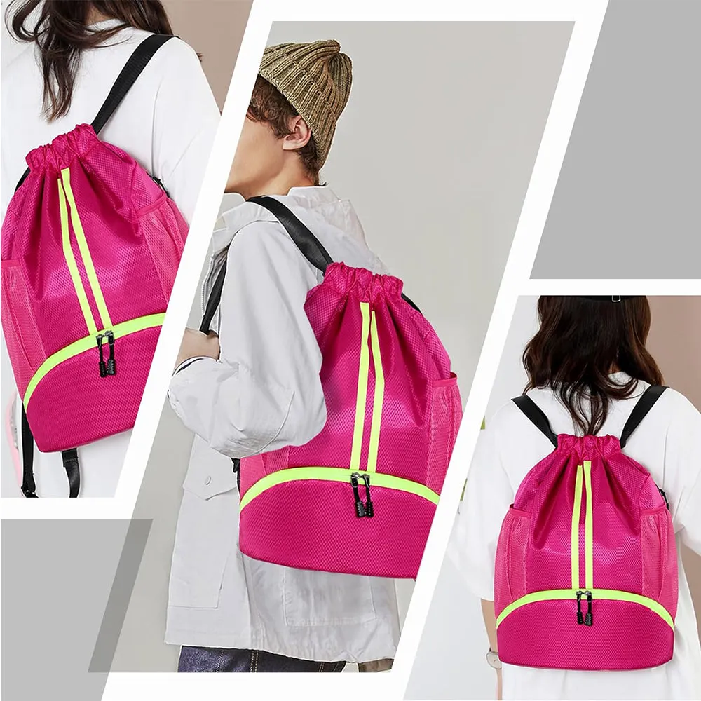 Water Resistant Drawstring Backpack Sports Gym Sackpack with Shoe Compartment Rose Red