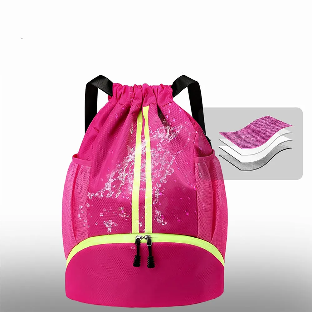 Water Resistant Drawstring Backpack Sports Gym Sackpack with Shoe Compartment Rose Red