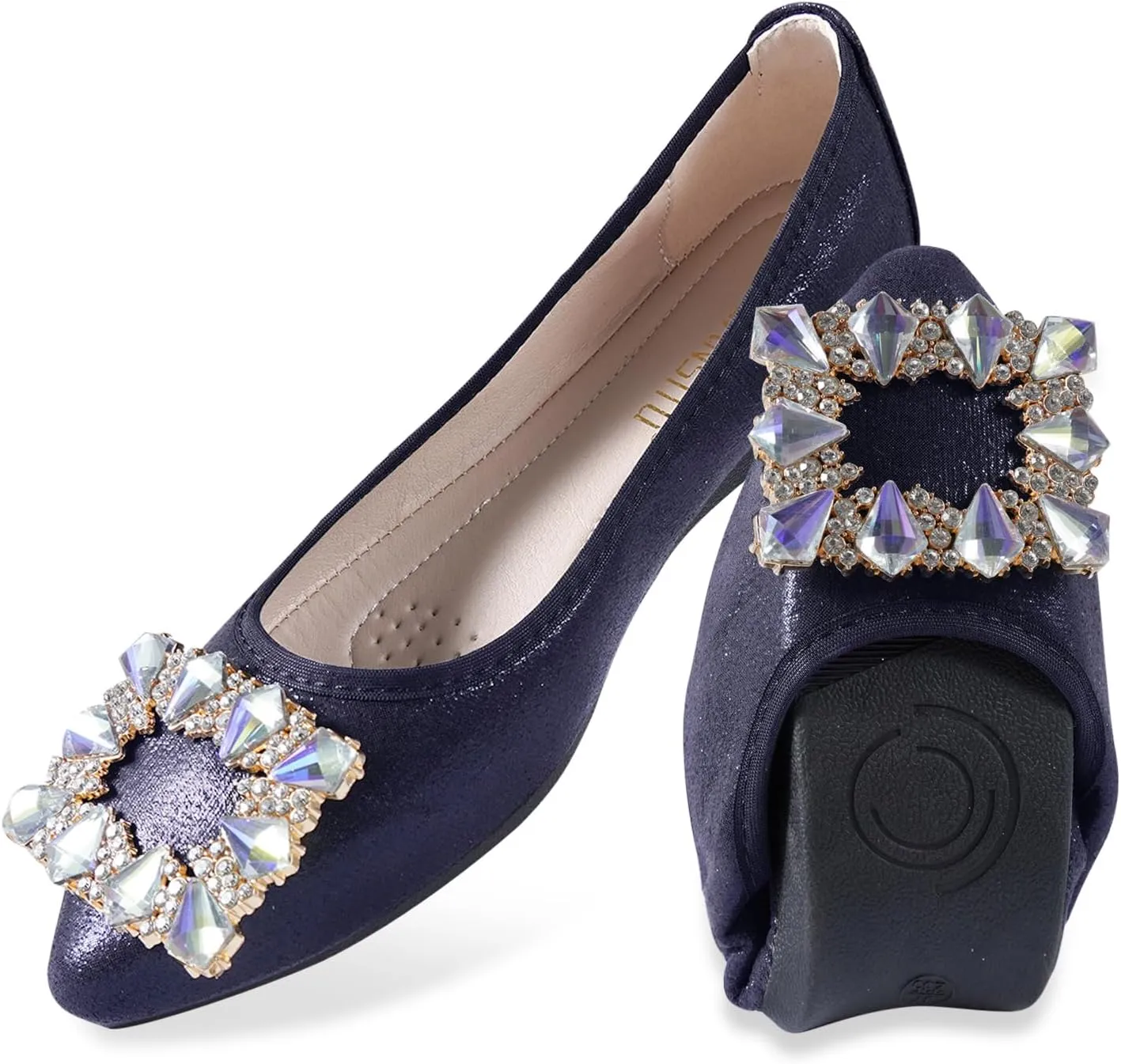 Women Ballet Flats Buckle Rhinestone Wedding Ballerina Shoes Foldable Sparkly Comfort Slip on Flat Shoes