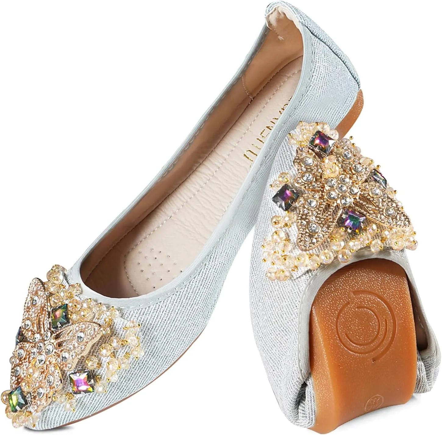 Women Ballet Flats Rhinestone Wedding Ballerina Shoes Foldable Sparkly Comfort Slip on Flat Shoes