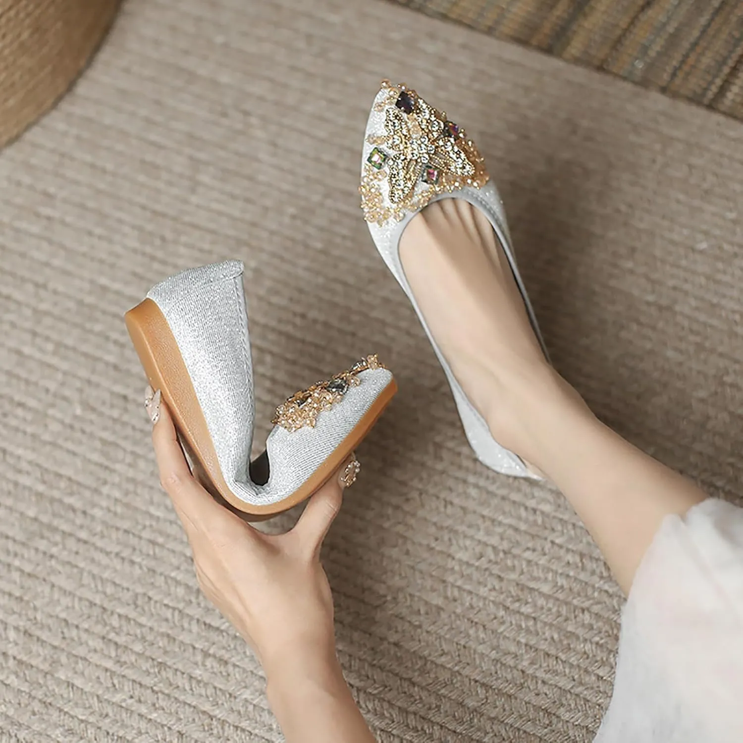 Women Ballet Flats Rhinestone Wedding Ballerina Shoes Foldable Sparkly Comfort Slip on Flat Shoes