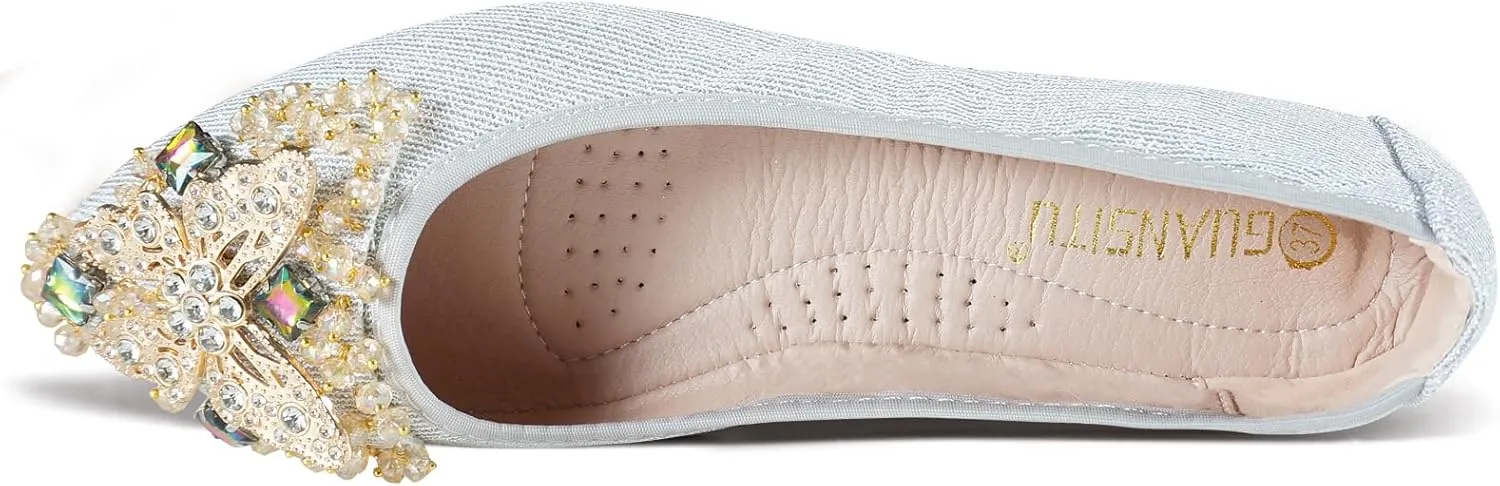 Women Ballet Flats Rhinestone Wedding Ballerina Shoes Foldable Sparkly Comfort Slip on Flat Shoes