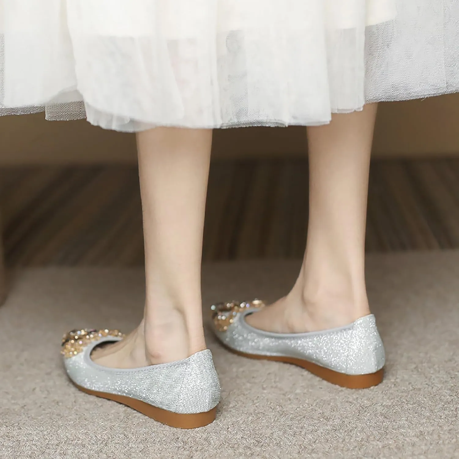 Women Ballet Flats Rhinestone Wedding Ballerina Shoes Foldable Sparkly Comfort Slip on Flat Shoes