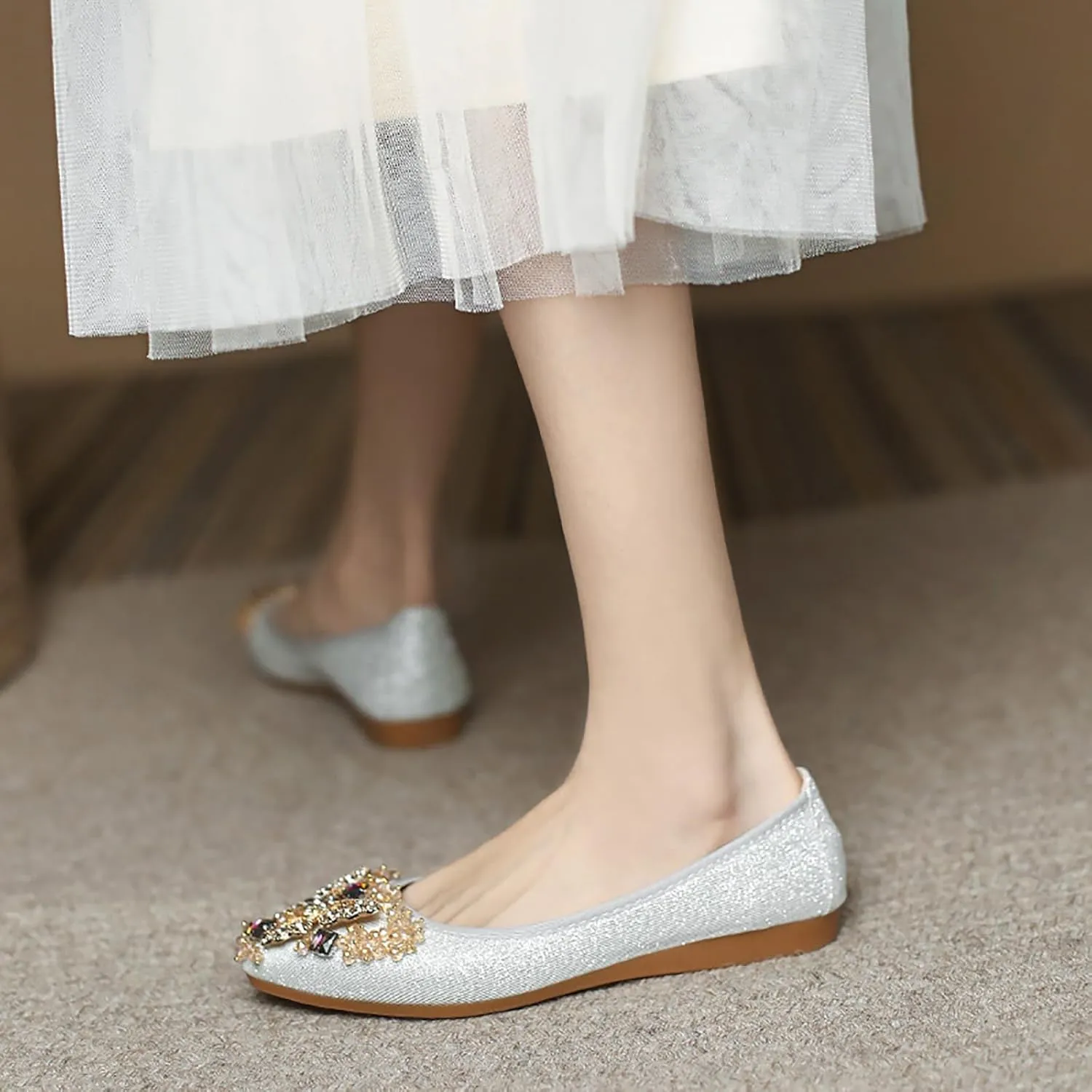Women Ballet Flats Rhinestone Wedding Ballerina Shoes Foldable Sparkly Comfort Slip on Flat Shoes