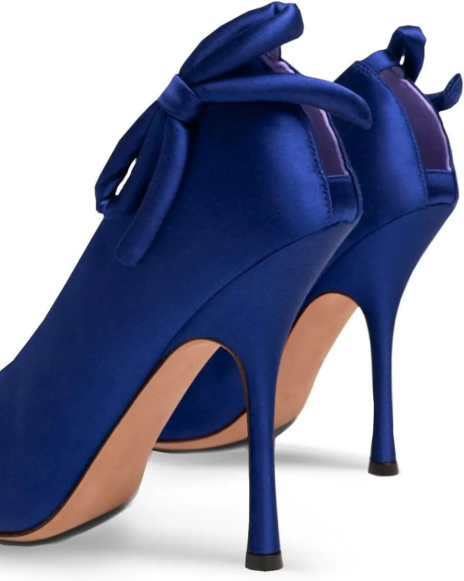 Women Satin Stiletto High Heels Pumps Bow Pointed Toe Dress Heels Sexy Party 4 inch Slim High Heel Pump Shoes Satin Closed Toe Dress Sandals Wedding Bridal Evening Stilettos 4-11 M US