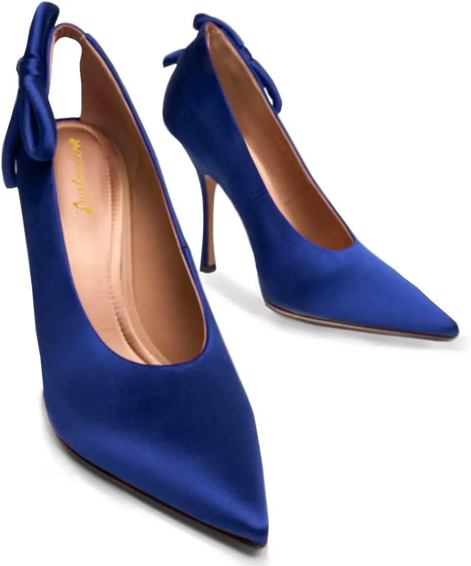 Women Satin Stiletto High Heels Pumps Bow Pointed Toe Dress Heels Sexy Party 4 inch Slim High Heel Pump Shoes Satin Closed Toe Dress Sandals Wedding Bridal Evening Stilettos 4-11 M US
