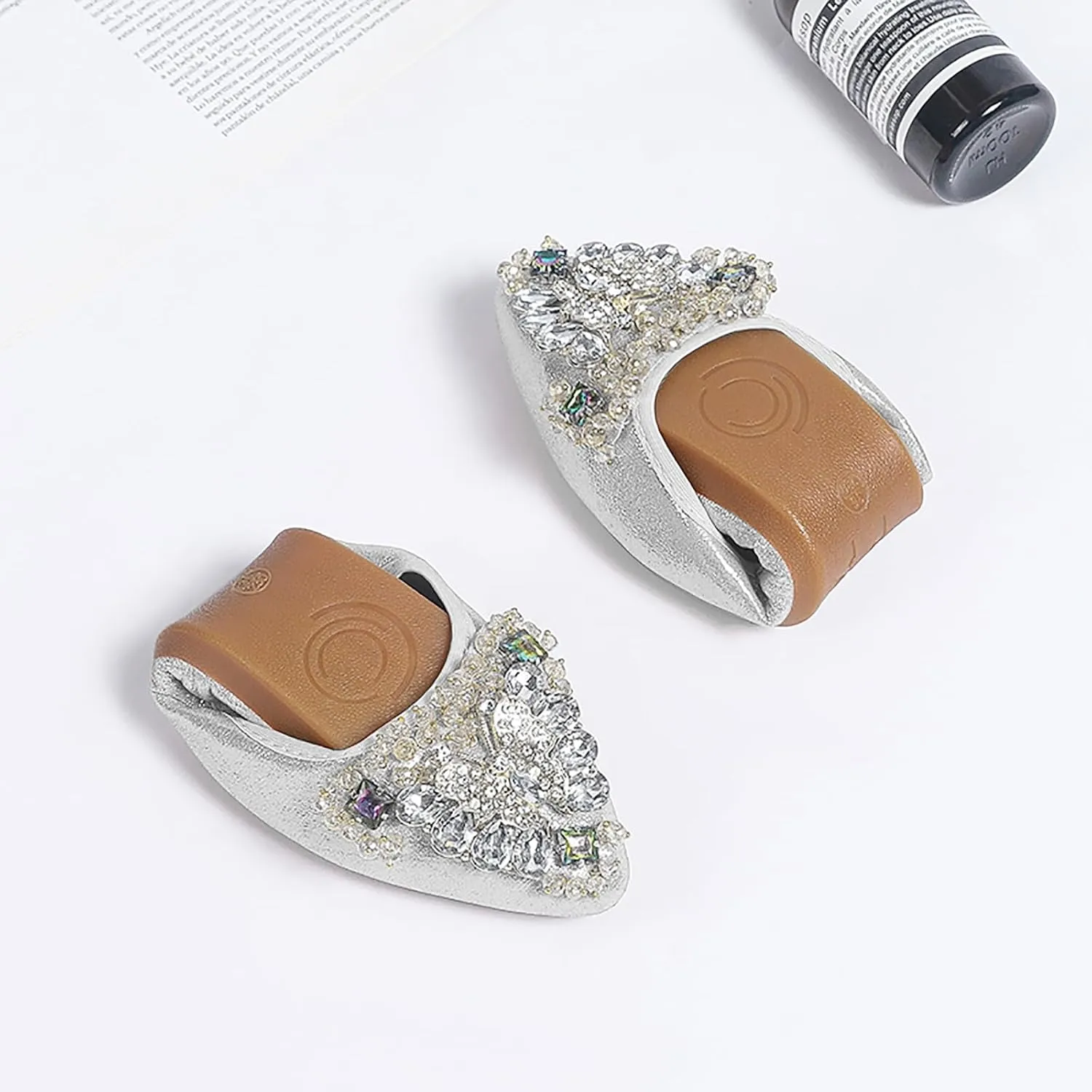 Women's Ballet Flats Rhinestones Wedding Ballerina Shoes Foldable Sparkly Comfort Slip on Flat Shoes