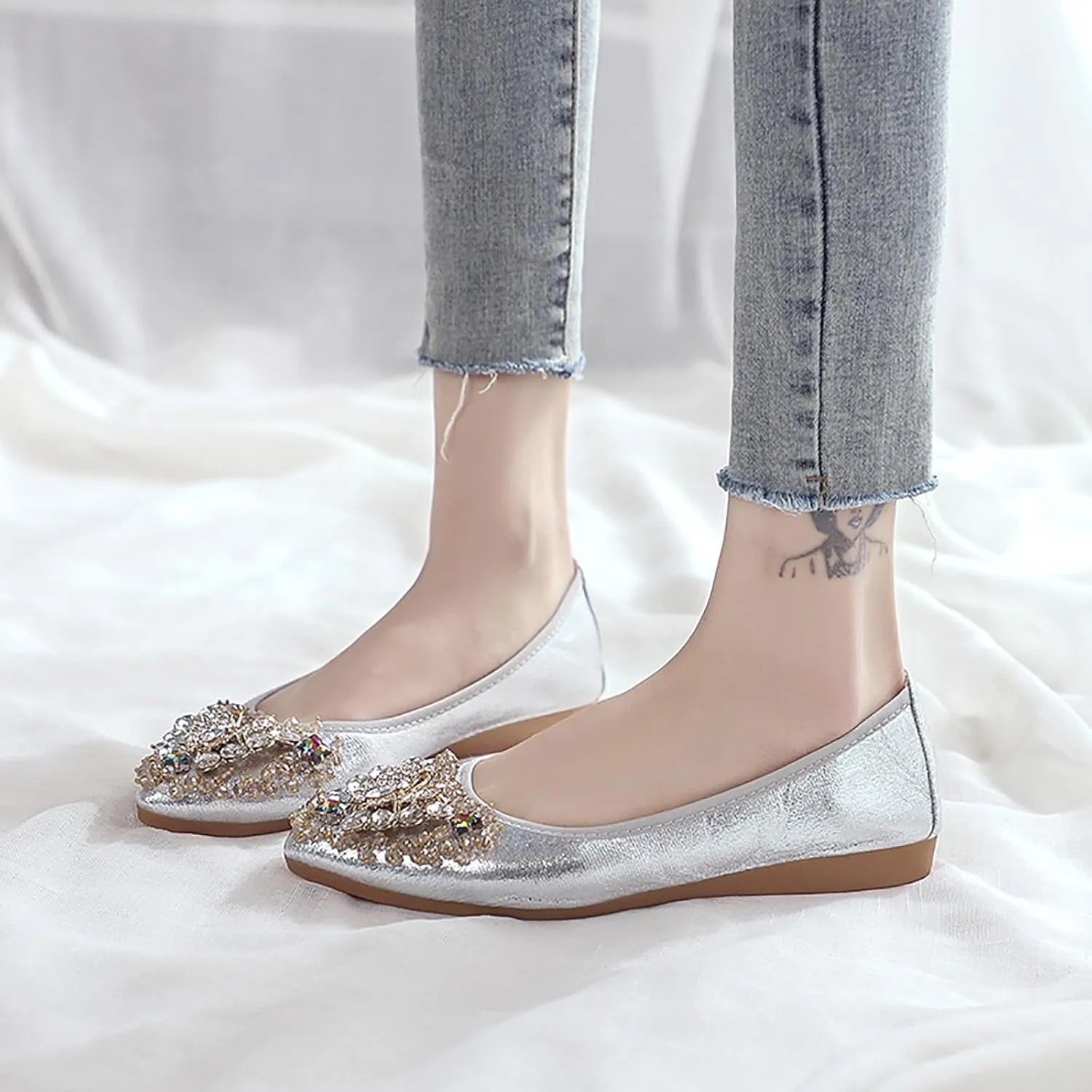 Women's Ballet Flats Rhinestones Wedding Ballerina Shoes Foldable Sparkly Comfort Slip on Flat Shoes