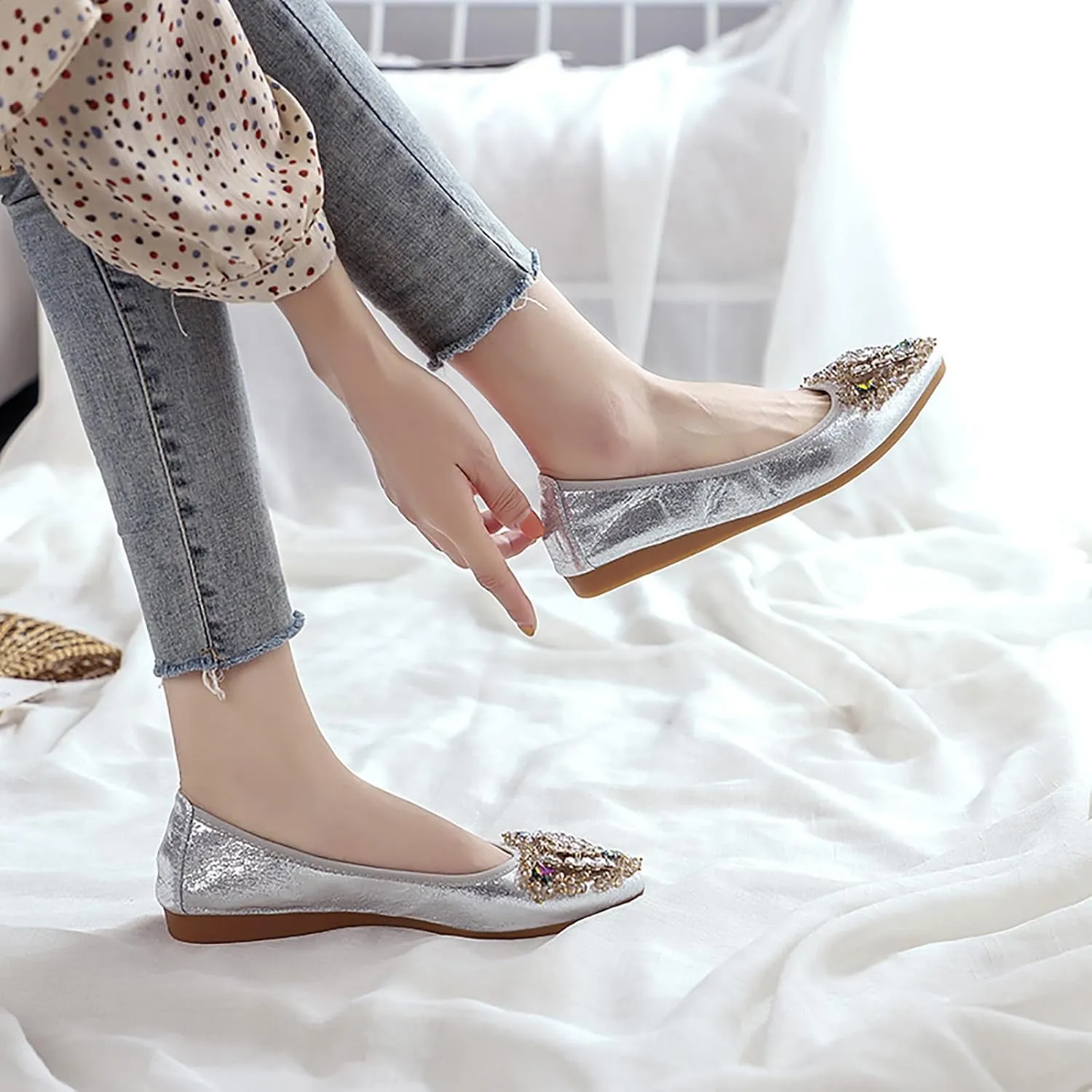 Women's Ballet Flats Rhinestones Wedding Ballerina Shoes Foldable Sparkly Comfort Slip on Flat Shoes