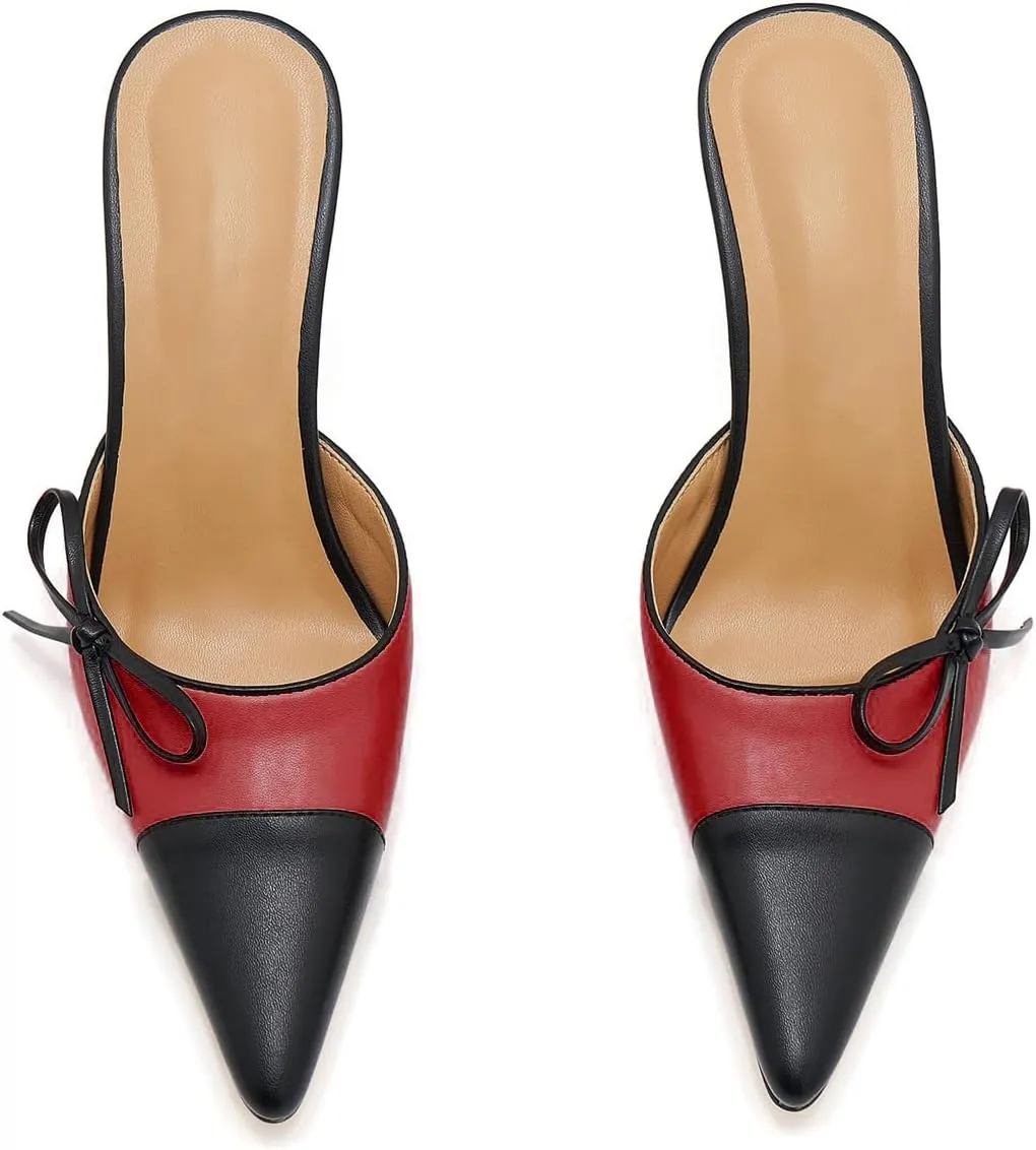 Women's Bow Tie Heeled Mules Kitten Heels Patchwork Vintage Dress Sandals