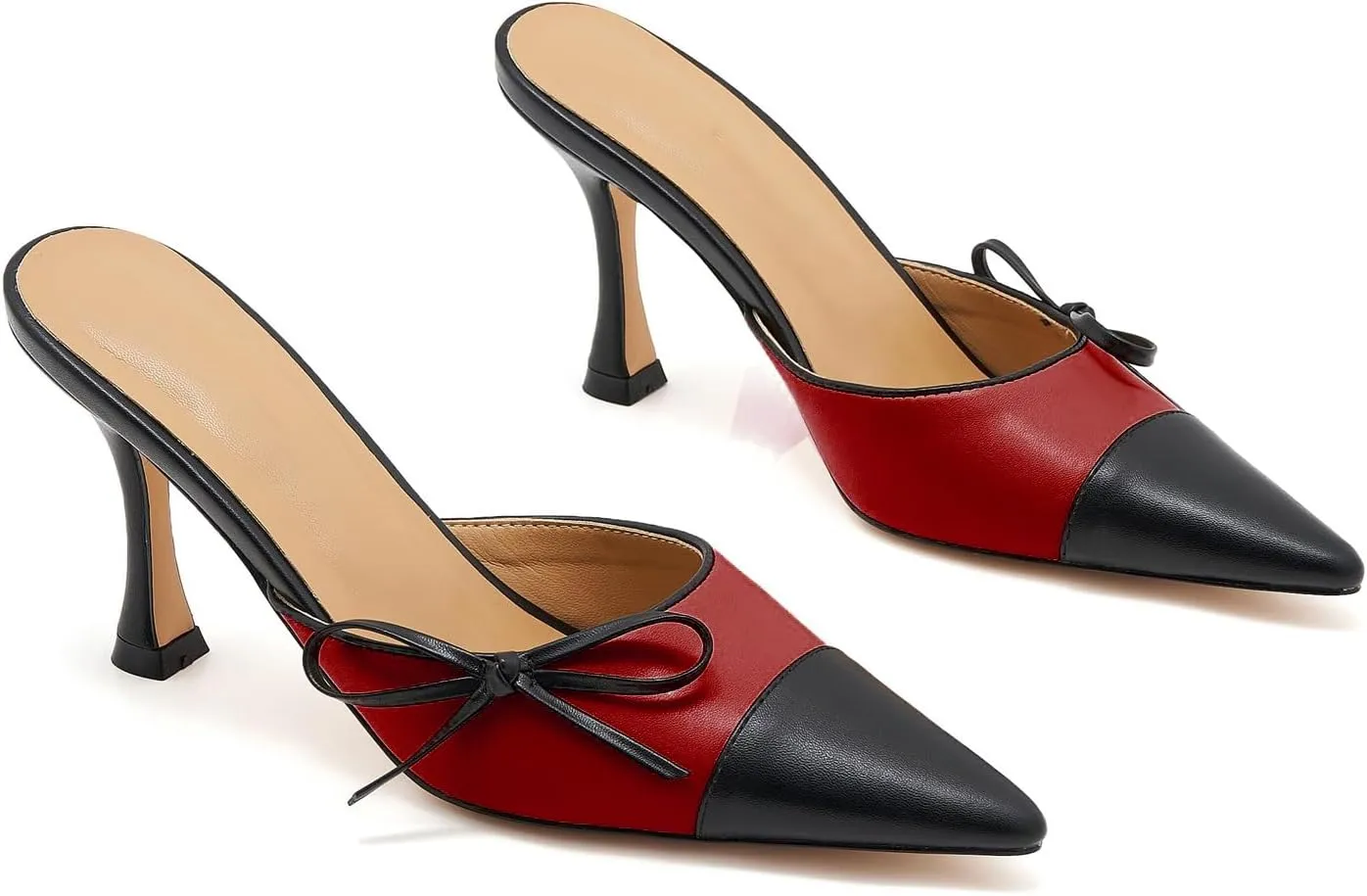 Women's Bow Tie Heeled Mules Kitten Heels Patchwork Vintage Dress Sandals