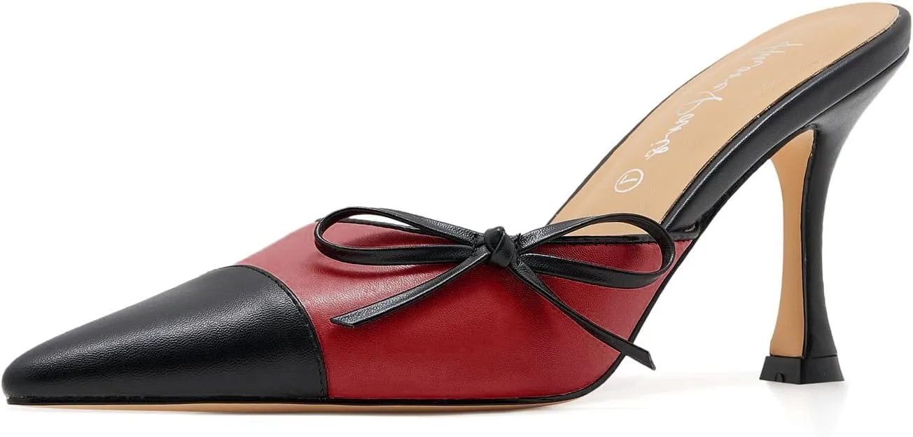 Women's Bow Tie Heeled Mules Kitten Heels Patchwork Vintage Dress Sandals