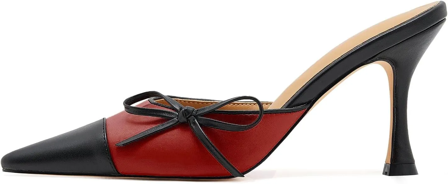 Women's Bow Tie Heeled Mules Kitten Heels Patchwork Vintage Dress Sandals