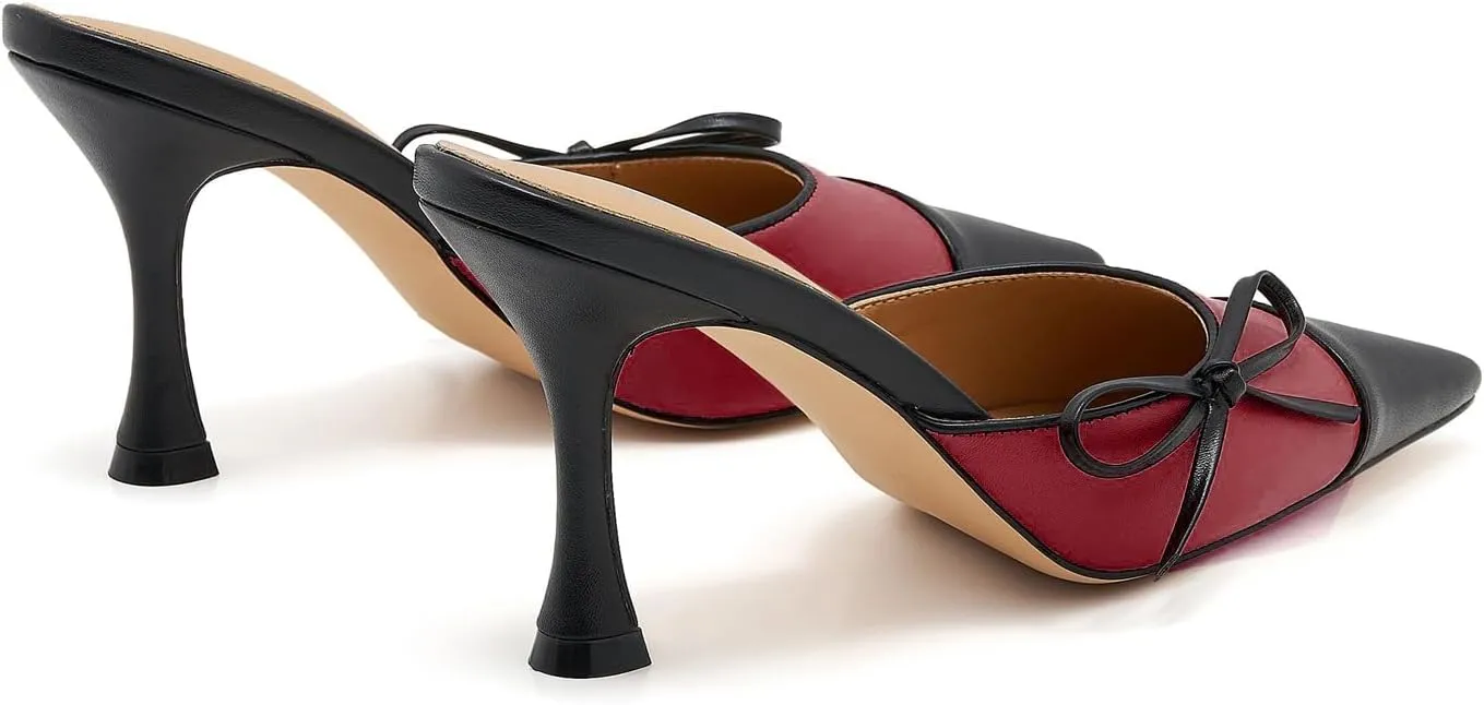 Women's Bow Tie Heeled Mules Kitten Heels Patchwork Vintage Dress Sandals