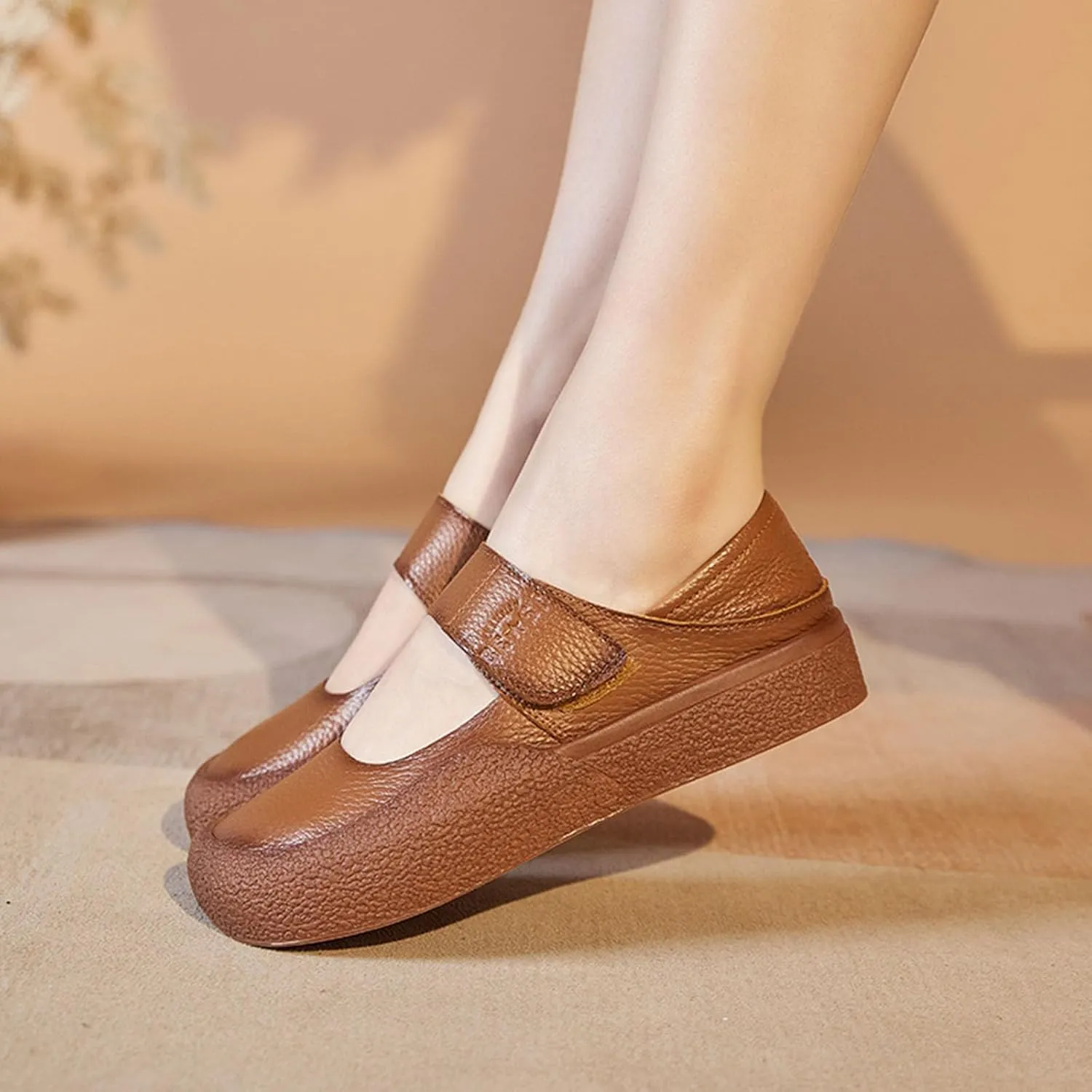 Women's Genuine Leather Flat Bottomed Soft Bottomed Mary Jane Shoes Fashionable and Comfortable Round Toe Low Heel Lightweight Walking Shoes