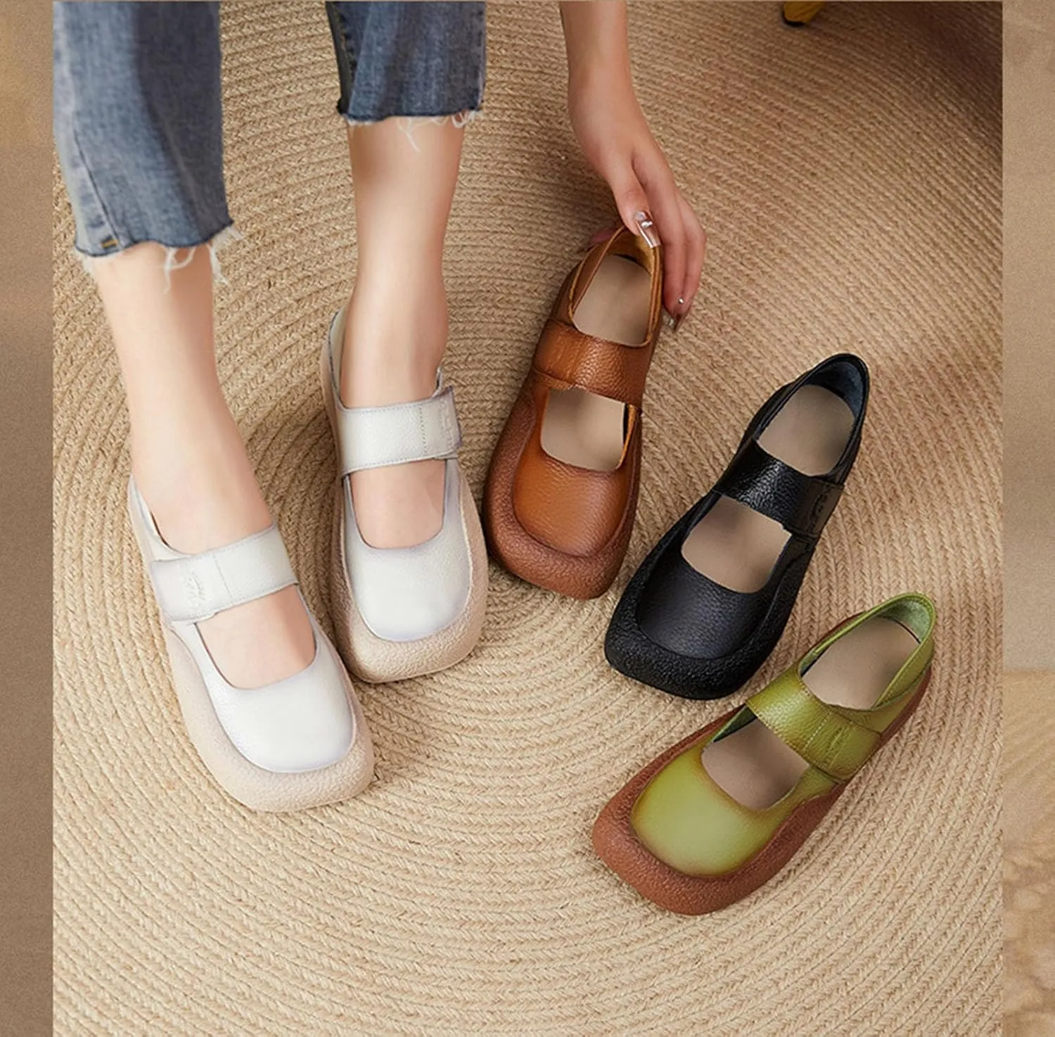 Women's Genuine Leather Flat Bottomed Soft Bottomed Mary Jane Shoes Fashionable and Comfortable Round Toe Low Heel Lightweight Walking Shoes