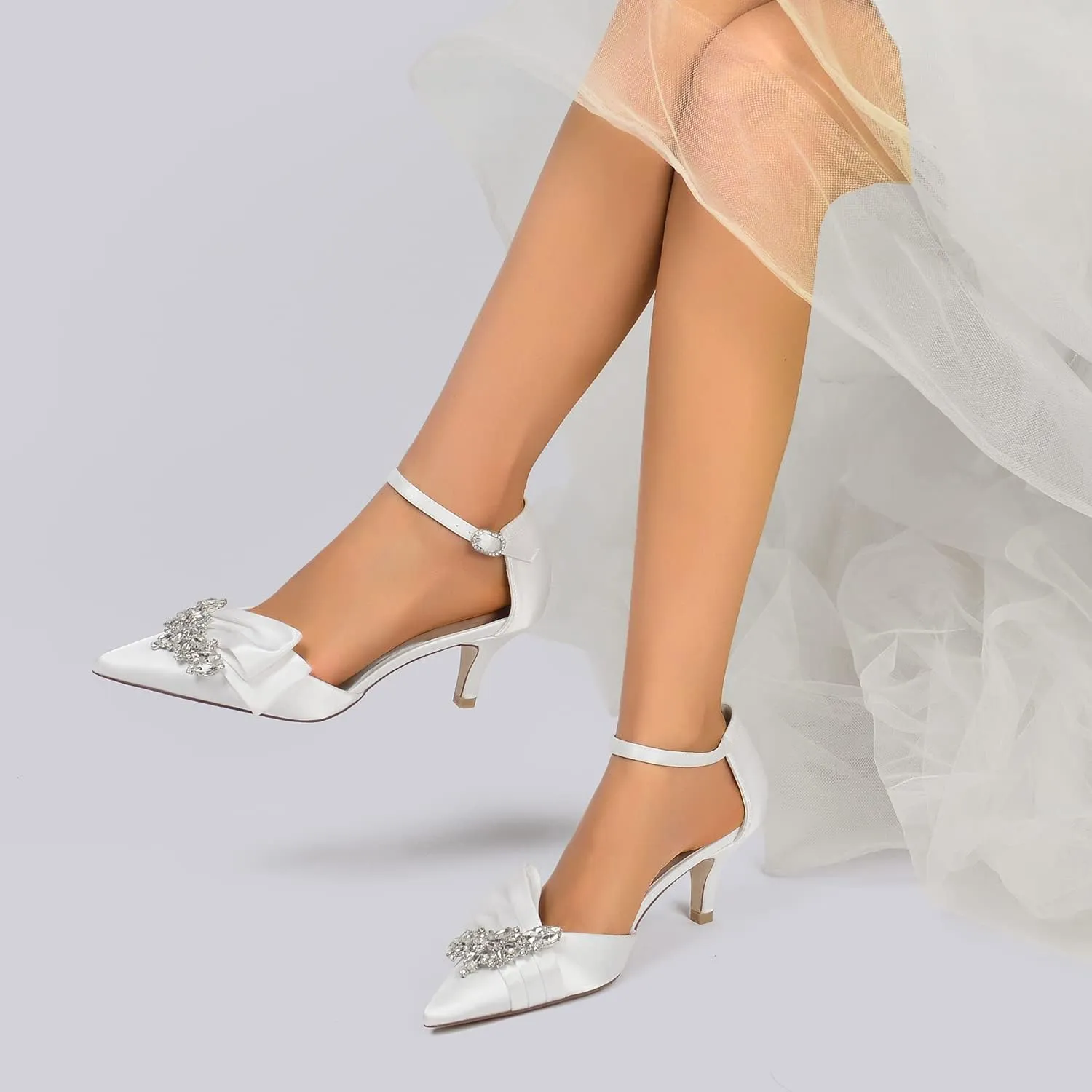 Women's Kitten Heel Pumps Shoes Closed Toe Stilettos Crystal Wedding Shoes Ankle Straps Prom Evening Party Dress Shoes