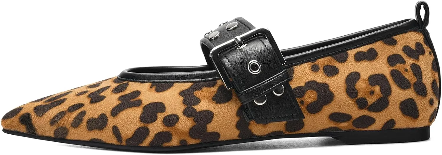 Women's Pointed Toe Ballet Flats Rivet Mary Jane Flats with Adjutable Buckle Low Heel Comfortable Casual Dress Work Ballerina Flats Shoes Black Size 6