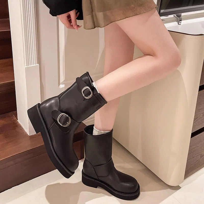 Women's Round Toe Vintage Martin Boots Shoes With Two Buckles