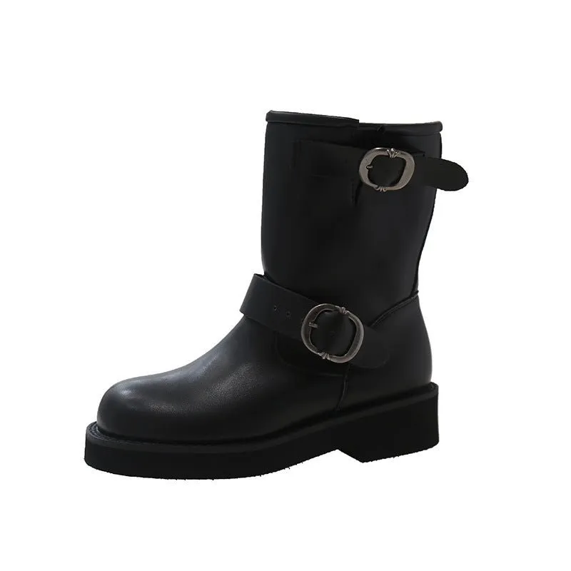Women's Round Toe Vintage Martin Boots Shoes With Two Buckles