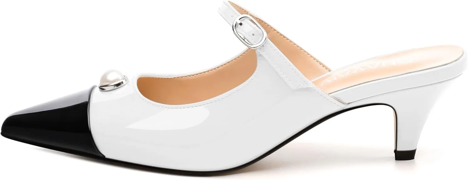 Women's Slide Sandals, Backstrap Buckle Low Kitten Heels, Two Toned Patchwork Pointed Toe, Fashion Party Daily Dress Shoes for Women
