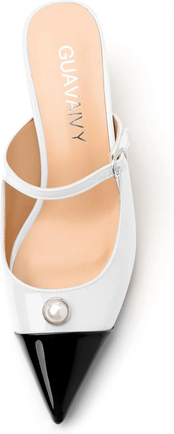 Women's Slide Sandals, Backstrap Buckle Low Kitten Heels, Two Toned Patchwork Pointed Toe, Fashion Party Daily Dress Shoes for Women