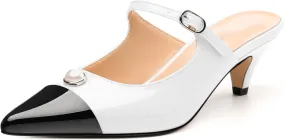 Women's Slide Sandals, Backstrap Buckle Low Kitten Heels, Two Toned Patchwork Pointed Toe, Fashion Party Daily Dress Shoes for Women