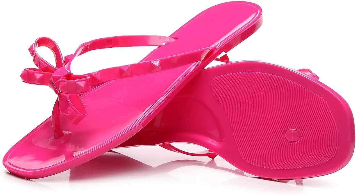 Womens Studded Sandals Flat Jelly Shoes Bow Flip Flops Thong for Ladies Black Size 7 Stud Slip On Summer Beach Rivets Dressy Slides