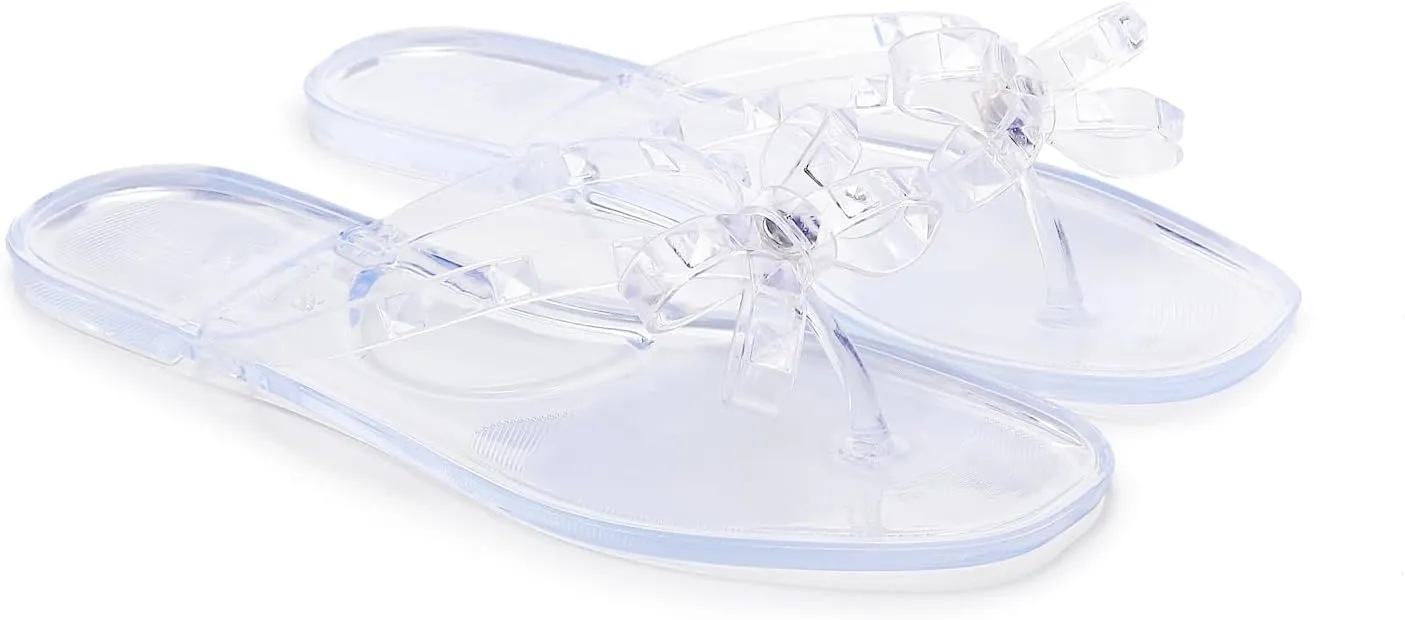 Womens Studded Sandals Flat Jelly Shoes Bow Flip Flops Thong for Ladies Black Size 7 Stud Slip On Summer Beach Rivets Dressy Slides