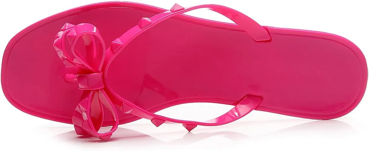 Womens Studded Sandals Flat Jelly Shoes Bow Flip Flops Thong for Ladies Black Size 7 Stud Slip On Summer Beach Rivets Dressy Slides