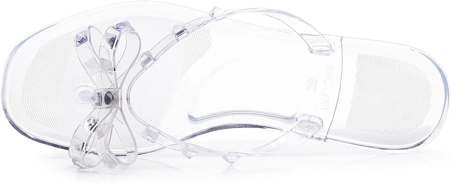 Womens Studded Sandals Flat Jelly Shoes Bow Flip Flops Thong for Ladies Black Size 7 Stud Slip On Summer Beach Rivets Dressy Slides