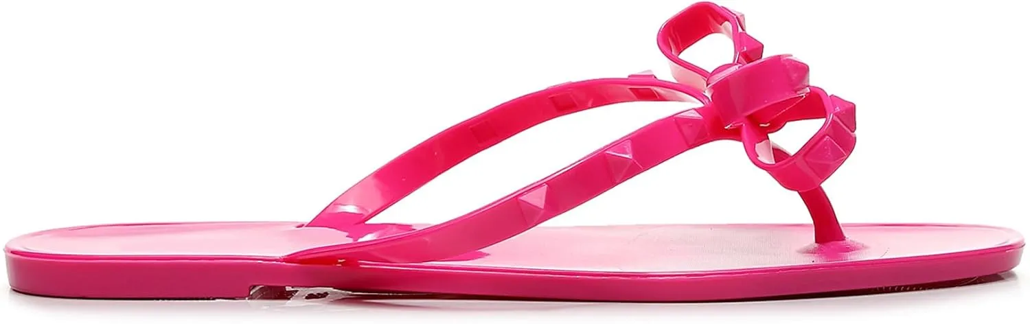 Womens Studded Sandals Flat Jelly Shoes Bow Flip Flops Thong for Ladies Black Size 7 Stud Slip On Summer Beach Rivets Dressy Slides