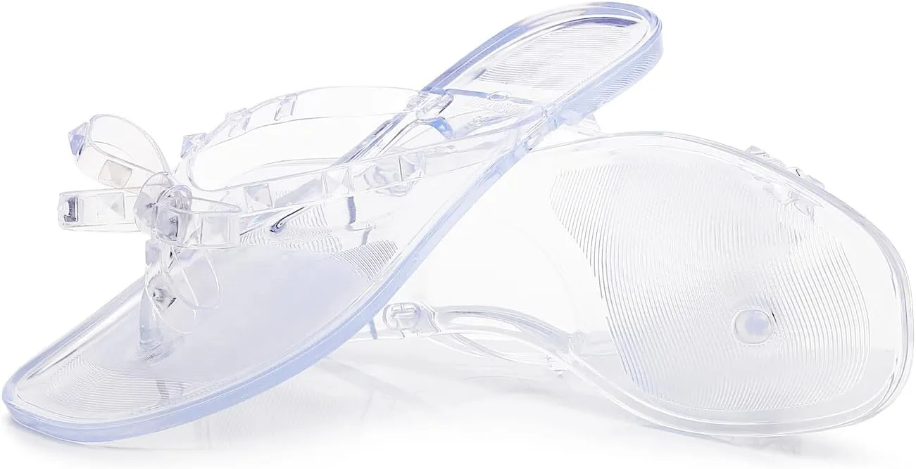 Womens Studded Sandals Flat Jelly Shoes Bow Flip Flops Thong for Ladies Black Size 7 Stud Slip On Summer Beach Rivets Dressy Slides