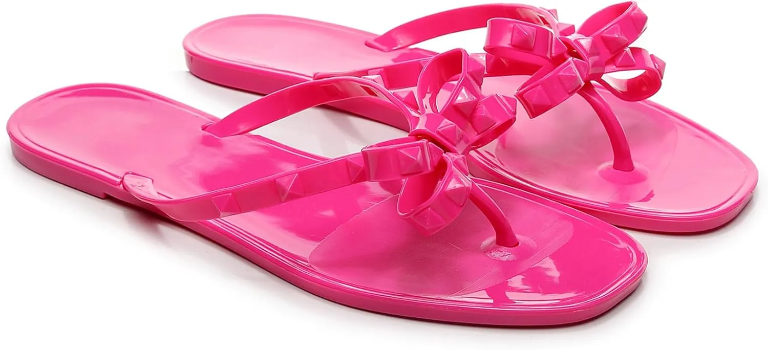 Womens Studded Sandals Flat Jelly Shoes Bow Flip Flops Thong for Ladies Black Size 7 Stud Slip On Summer Beach Rivets Dressy Slides