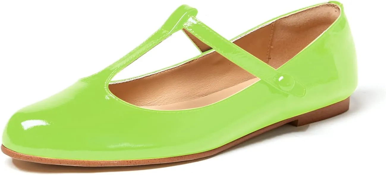 Women's Vintage Patent Leather Round Toe Cutout T-Strap Dress Flats Shoes Comfortable Causal Closed Toe Slip On Mary Jane Flats Pumps