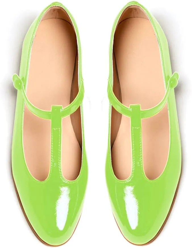 Women's Vintage Patent Leather Round Toe Cutout T-Strap Dress Flats Shoes Comfortable Causal Closed Toe Slip On Mary Jane Flats Pumps