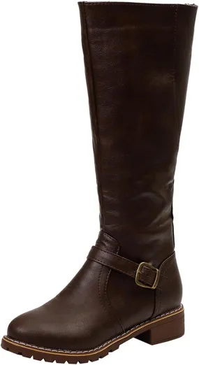 Women's Western Cowboy Boots Wide Calf Knee High Boots Chunky Low Flat Heel Combat Boots Comfortable Winter Boots