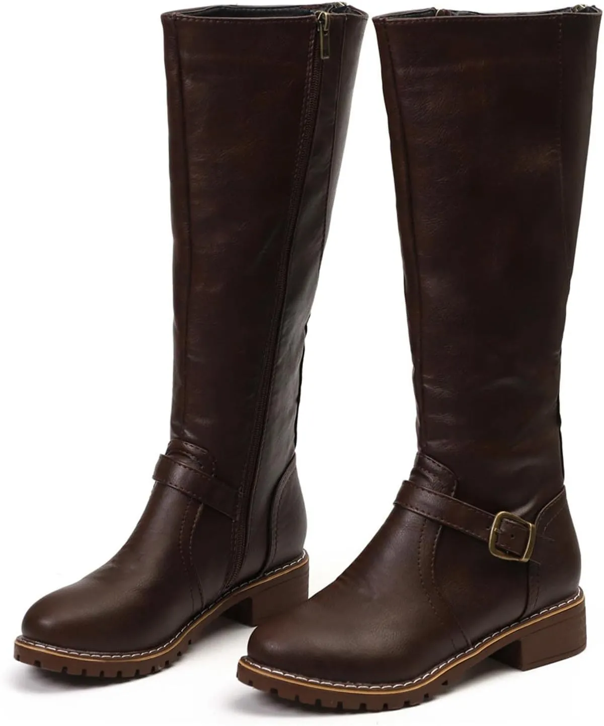 Women's Western Cowboy Boots Wide Calf Knee High Boots Chunky Low Flat Heel Combat Boots Comfortable Winter Boots