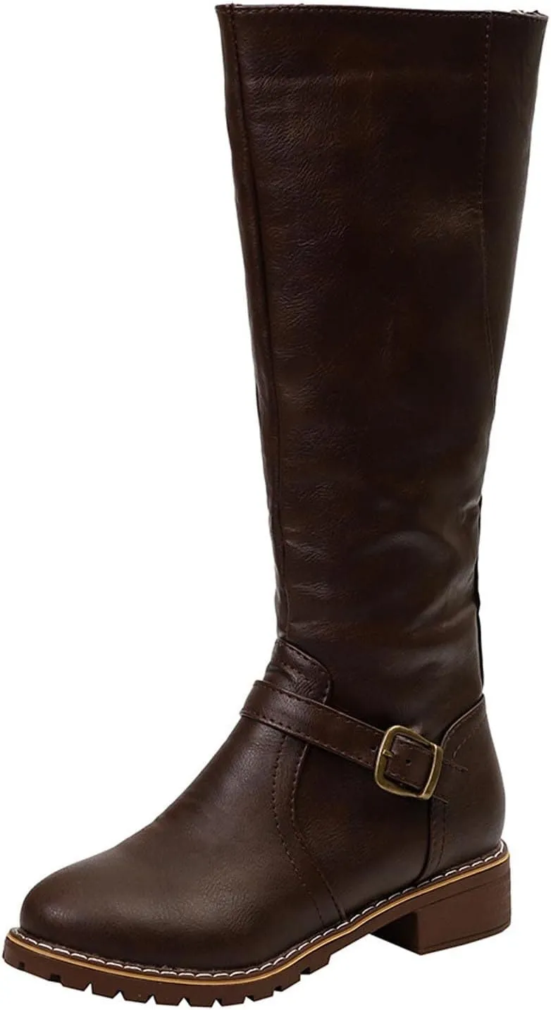 Women's Western Cowboy Boots Wide Calf Knee High Boots Chunky Low Flat Heel Combat Boots Comfortable Winter Boots