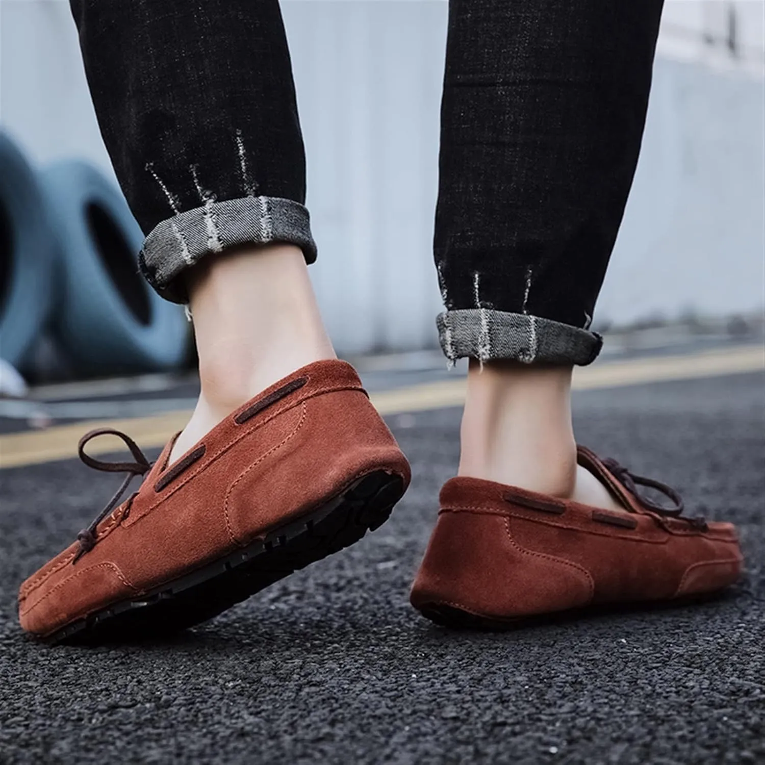 WOUND Mens Loafers Suede Vamp Stitching Details Deck Shoes Plain Toe Genuine Leather Flat Heel Flexible Comfortable Anti-Slip Party Driving Slip On (Color : Yellowish Brown, Size : 8.5)