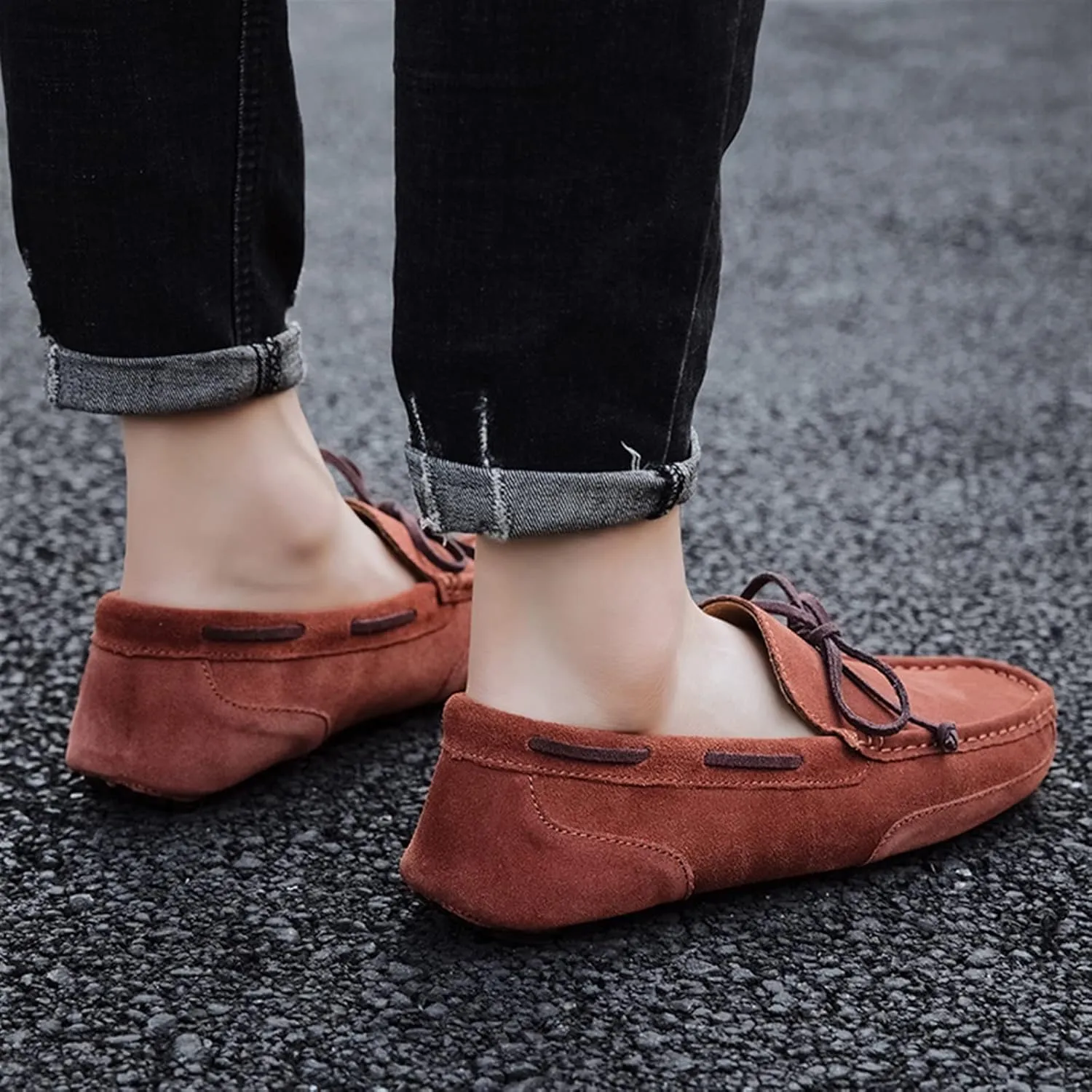 WOUND Mens Loafers Suede Vamp Stitching Details Deck Shoes Plain Toe Genuine Leather Flat Heel Flexible Comfortable Anti-Slip Party Driving Slip On (Color : Yellowish Brown, Size : 8.5)